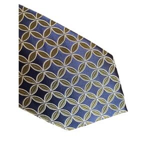 Stafford 100% Silk Tie Blue Gold Geometric Circle Pattern Men's Necktie 60x3.75"